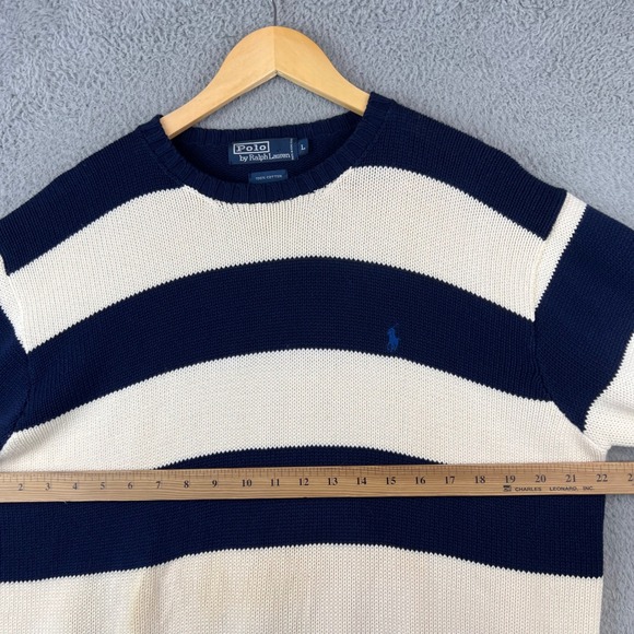 Polo Ralph Lauren Mens Striped Sweater Navy Cream Cotton Size L - Picture 8 of 9